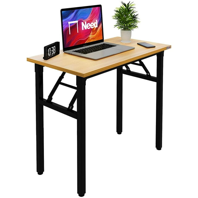 SOGES 31.5 inches Folding Desk No Assembly Sturdy Small Writing Desk for Small Spaces, Teak & Black