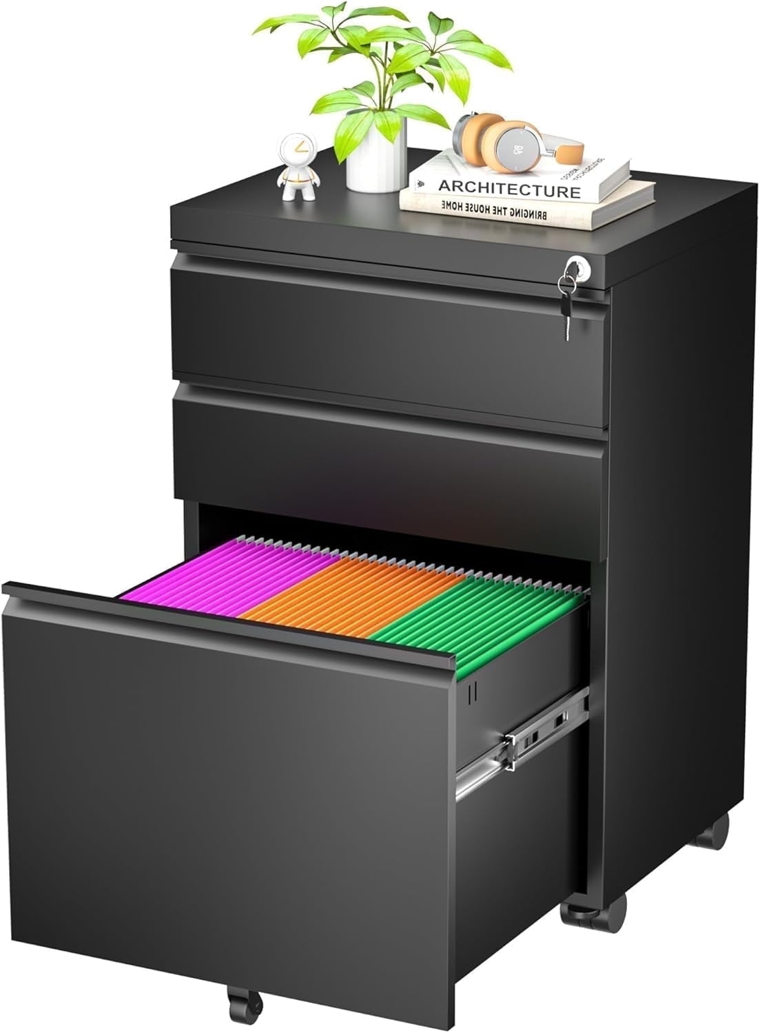 SOLAURA 3 Drawer File Cabinet with Wheels & Lock, Metal Rolling File Cabinet, Under Desk Mobile Filing Cabinet  for Office, Fits Legal/Letter/A4 Size(Unassembled, Black)