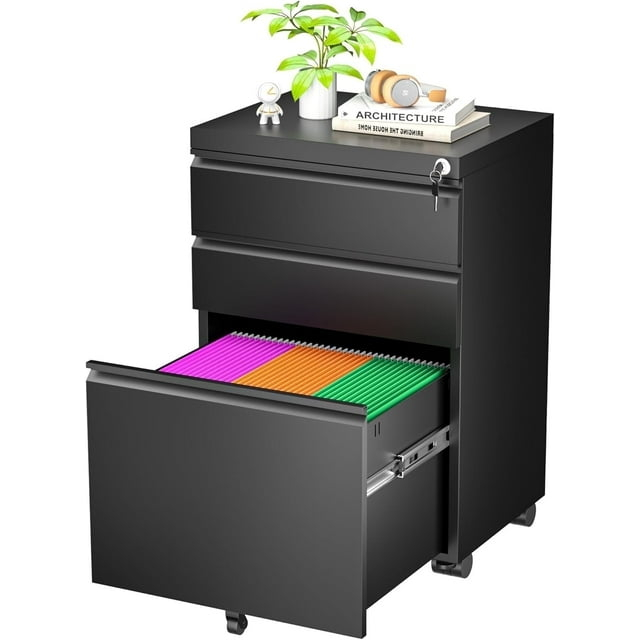 SOLAURA 3 Drawer File Cabinet with Wheels & Lock, Metal Rolling File Cabinet, Under Desk Mobile Filing Cabinet  for Office, Fits Legal/Letter/A4 Size(Unassembled, Black)