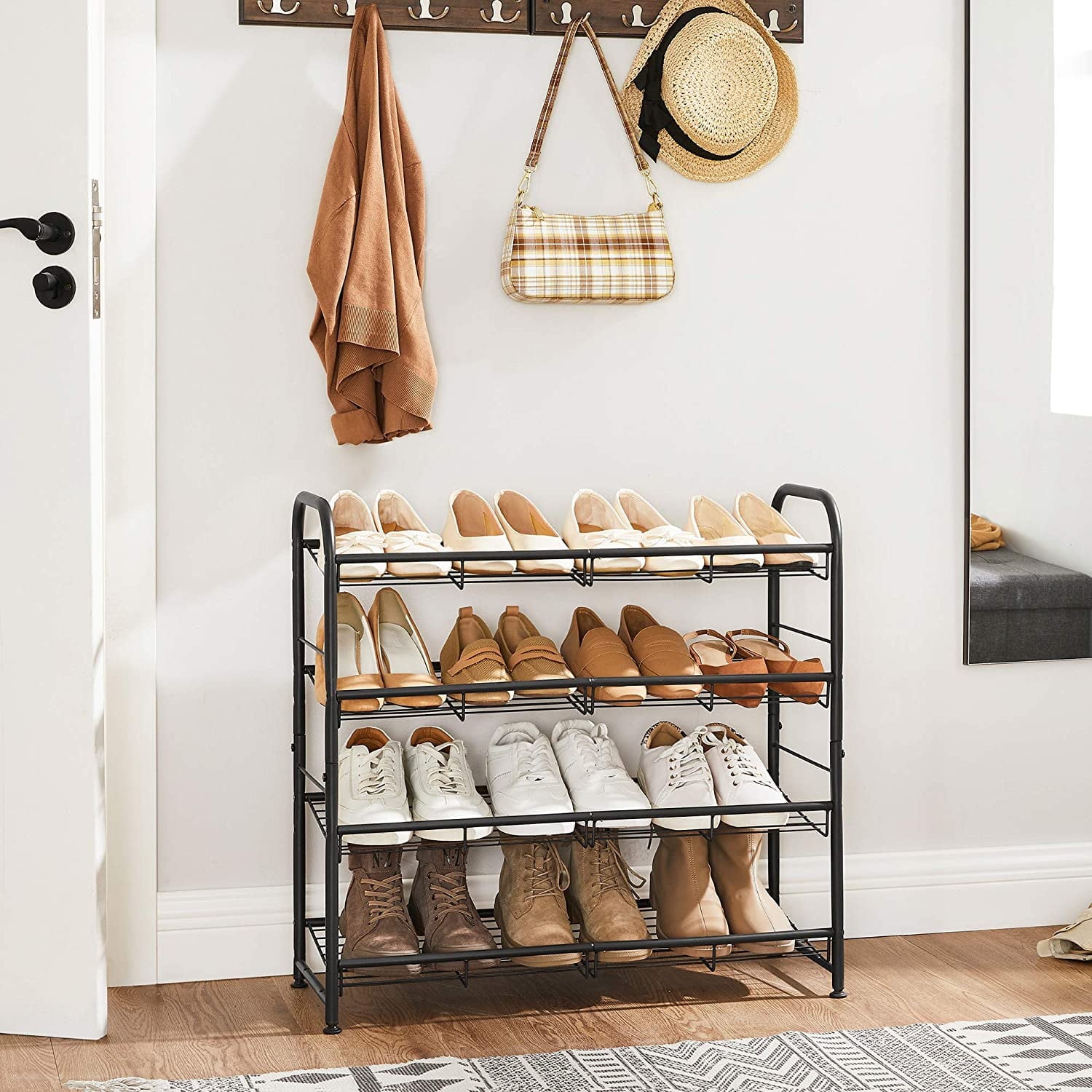 SONGMICS 4 Tier Shoe Rack Metal Stackable Shoes Rack Storage Shelf Holds up to 20 Pairs Shoes Adjustable Slanted Shelves Shoe Tower Organizer for Closet Entryway Small Spaces Black