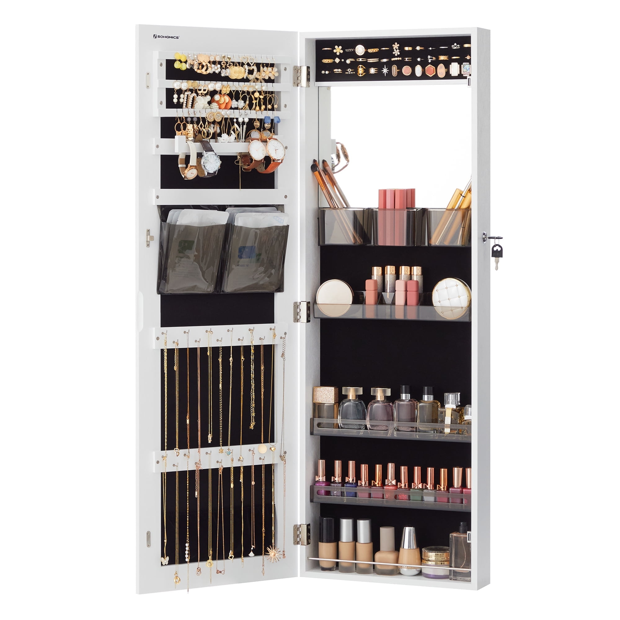 SONGMICS Jewelry Armoires Wall/Door Mount Jewelry Storage Cabinet Organizer Box Full-Length Mirror with Built-in Small Mirror Jewelry Shelves Gift White