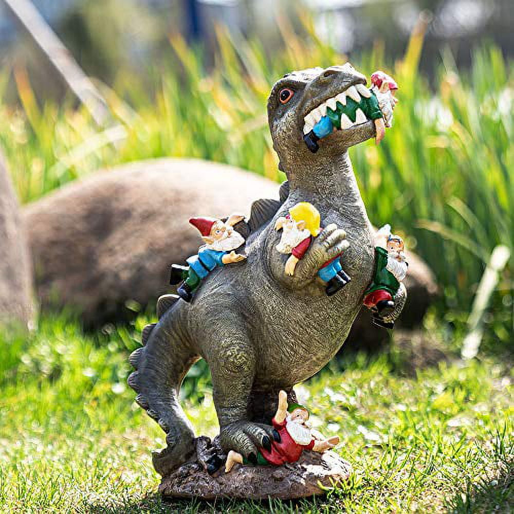 14" Dinosaur and Gnomes Weatherproof Garden Statue