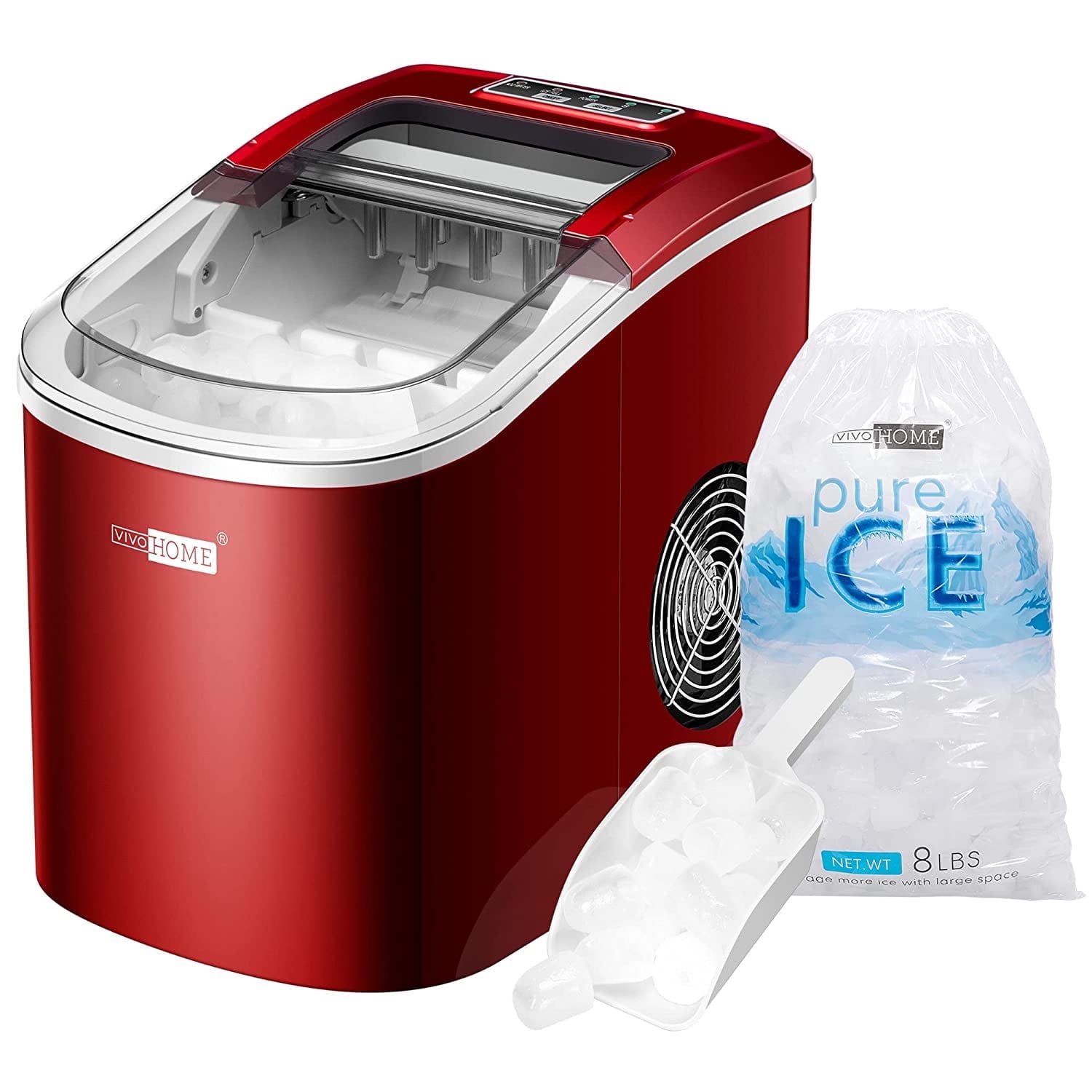 SPECSTAR Countertop Ice Maker 27Lbs/24H, Self-Cleaning Portable Ice Maker Machine with Hand Scoop 10 Ice Bags for Home/Kitchen/Party, Red
