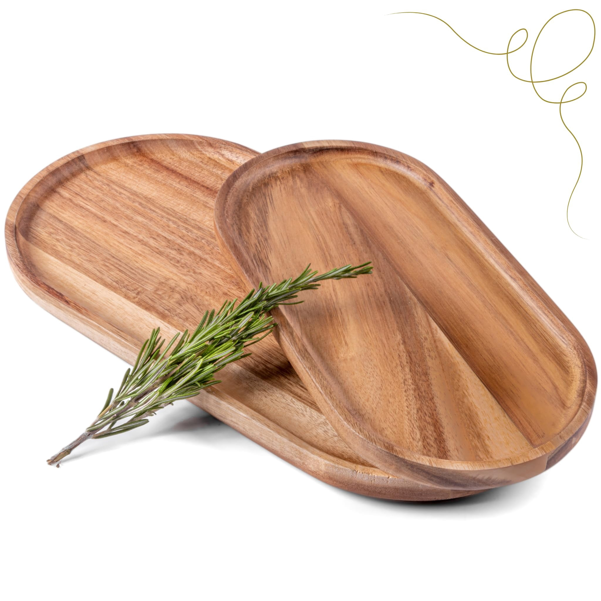 SPEShh Acacia Wooden Serving Trays Set of 2 - Rectangular Oval Shaped Wood Plates for Charcuterie Cheese Bread Fruit Vegetable Dip Sushi - Rustic Serving Platter Shallow Dishes -14x7 & 11x5.5 In.