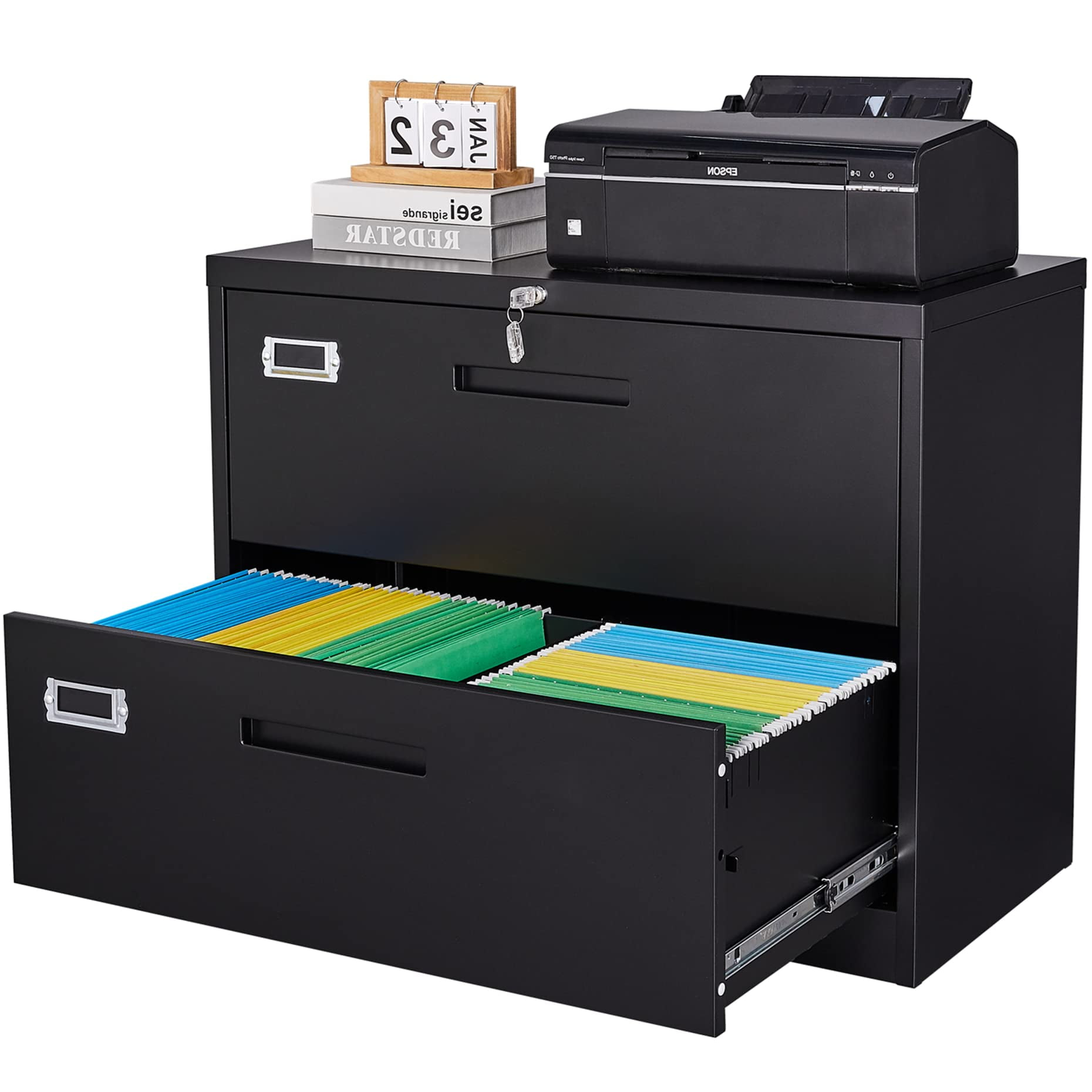 SISESOL 2 Drawer Lateral File Cabinet with Lock,Black Lateral Filing Cabinet,Horizontal Metal Filing Cabinet,Locked Wide Two Drawer File Cabinet for Office Home,Fit A4/F4/Letter/Legal File