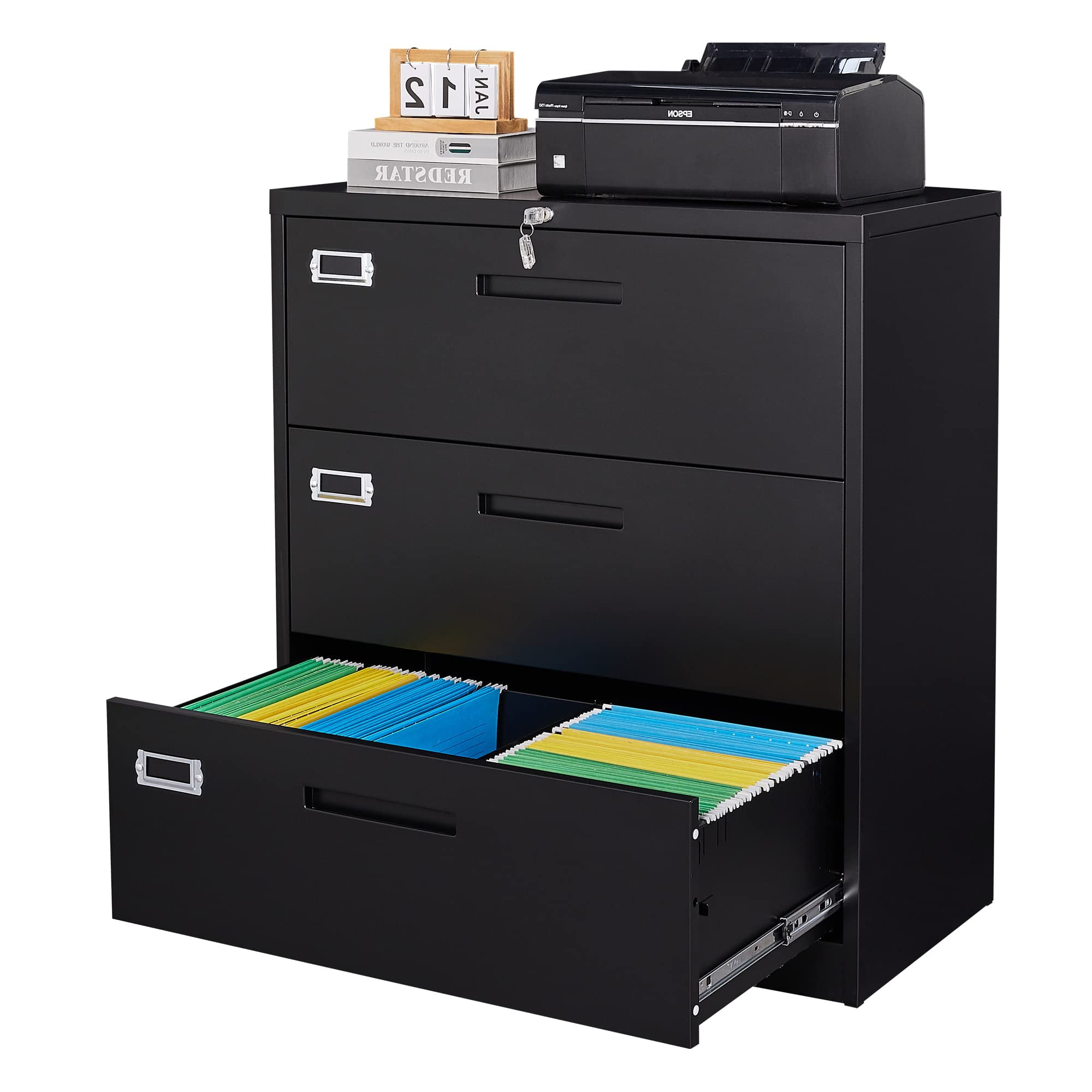3 Drawer File Cabinet with Lock,Under Desk File Cabinet with Wheels,Black Rolling File Cabinet,Three Drawer Metal Filing Cabinet for Home Office,Fit A4/Letter/Legal File,Fully Assembled Except Casters