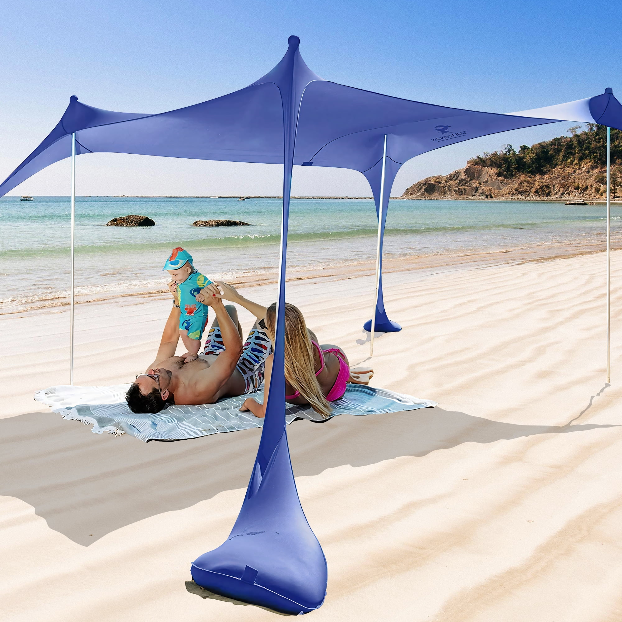SUN NINJA 7x7.5 FT Pop-Up Beach Tent with Sand Shovel, Pegs & Stability Poles – Royal Blue Sun Shelter for Beach, Camping & Outdoor Use
