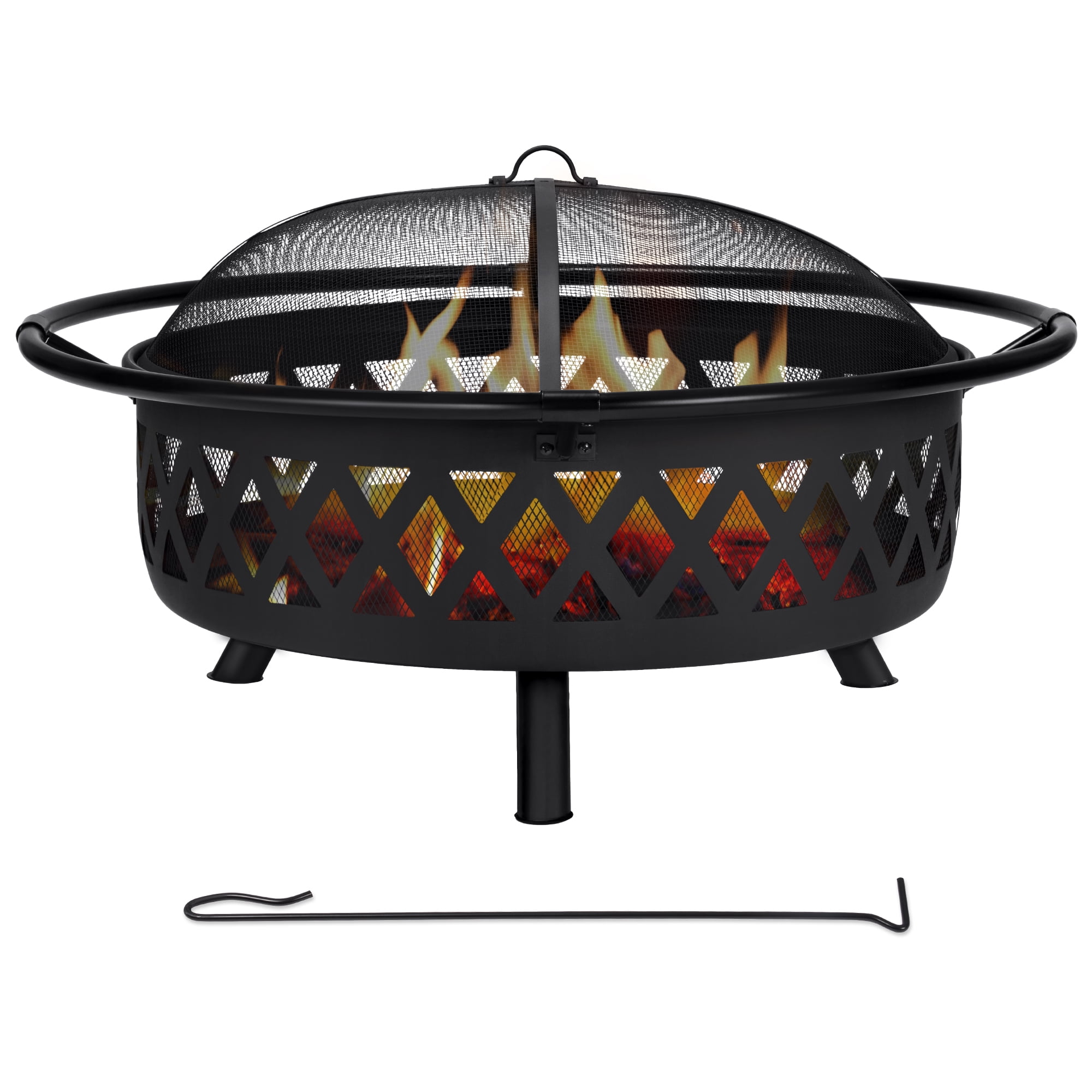SUNCREAT 42” Patio Fire Pit Wood Burning with Mesh Spark Screen, Bonfire Outdoor firepit with Fireplace Poker, Black