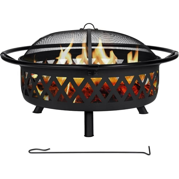 SUNCREAT 42” Patio Fire Pit Wood Burning with Mesh Spark Screen, Bonfire Outdoor firepit with Fireplace Poker, Black