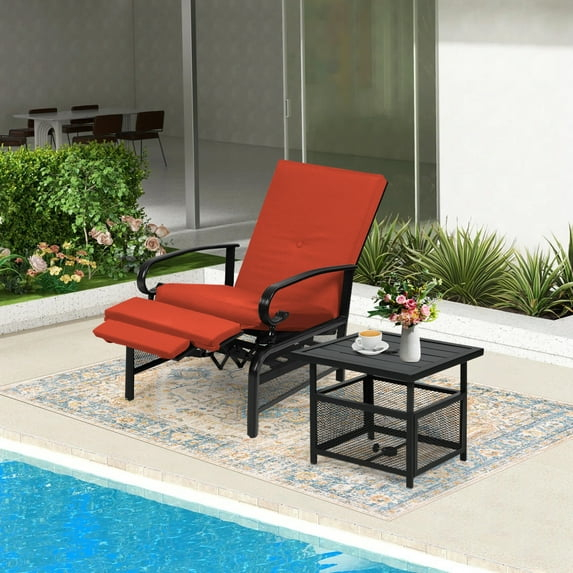 SUNCROWN 2-Piece Patio Recliner Outdoor Adjustable Lounge Chair and Metal Side Table Umbrella Base Stand, Red