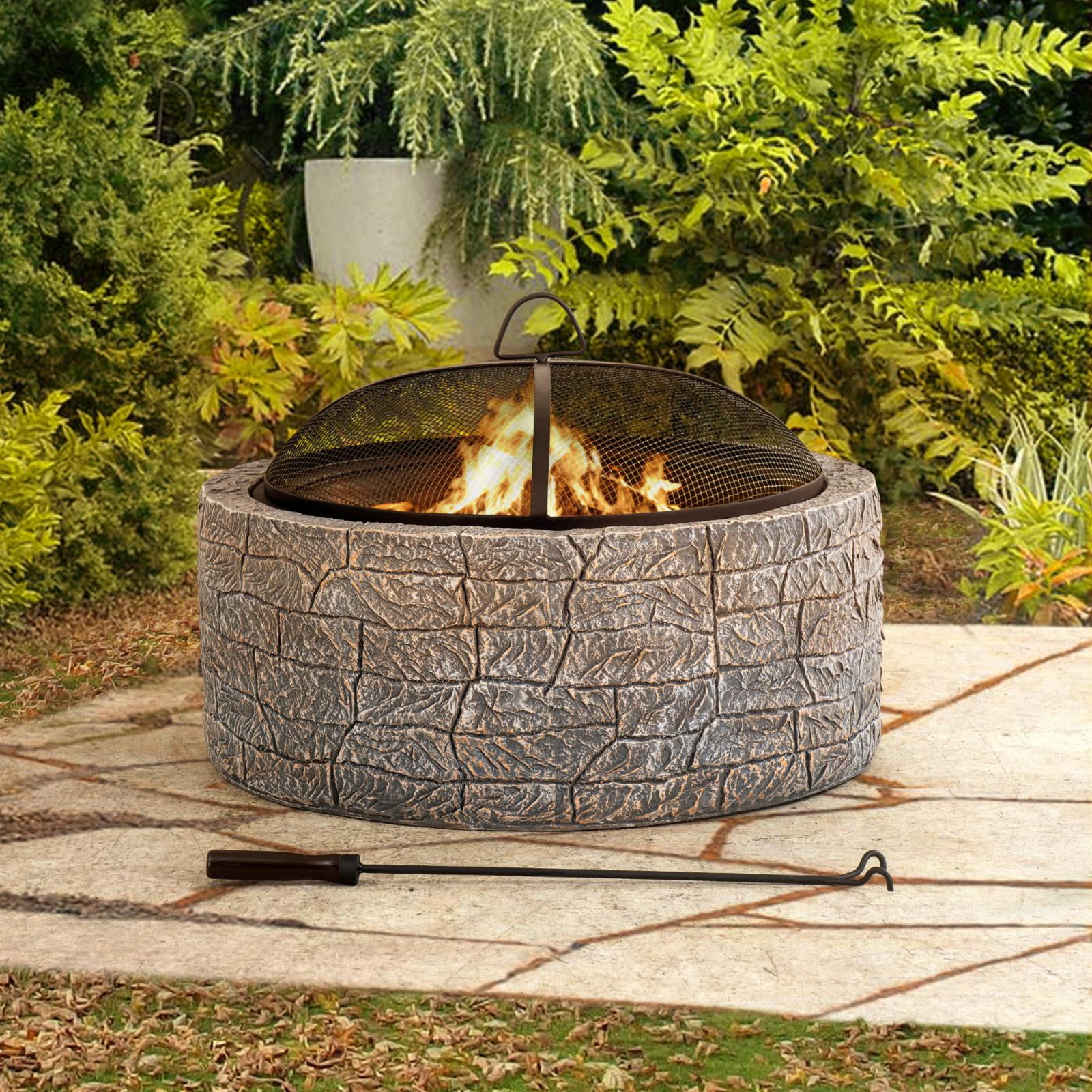SUNJOY 26 Inch Stone Fire Pit, Patio Outdoor Round Wood Burning Fire Pits for Outside with Spark Screen and Poker, Stone Gray