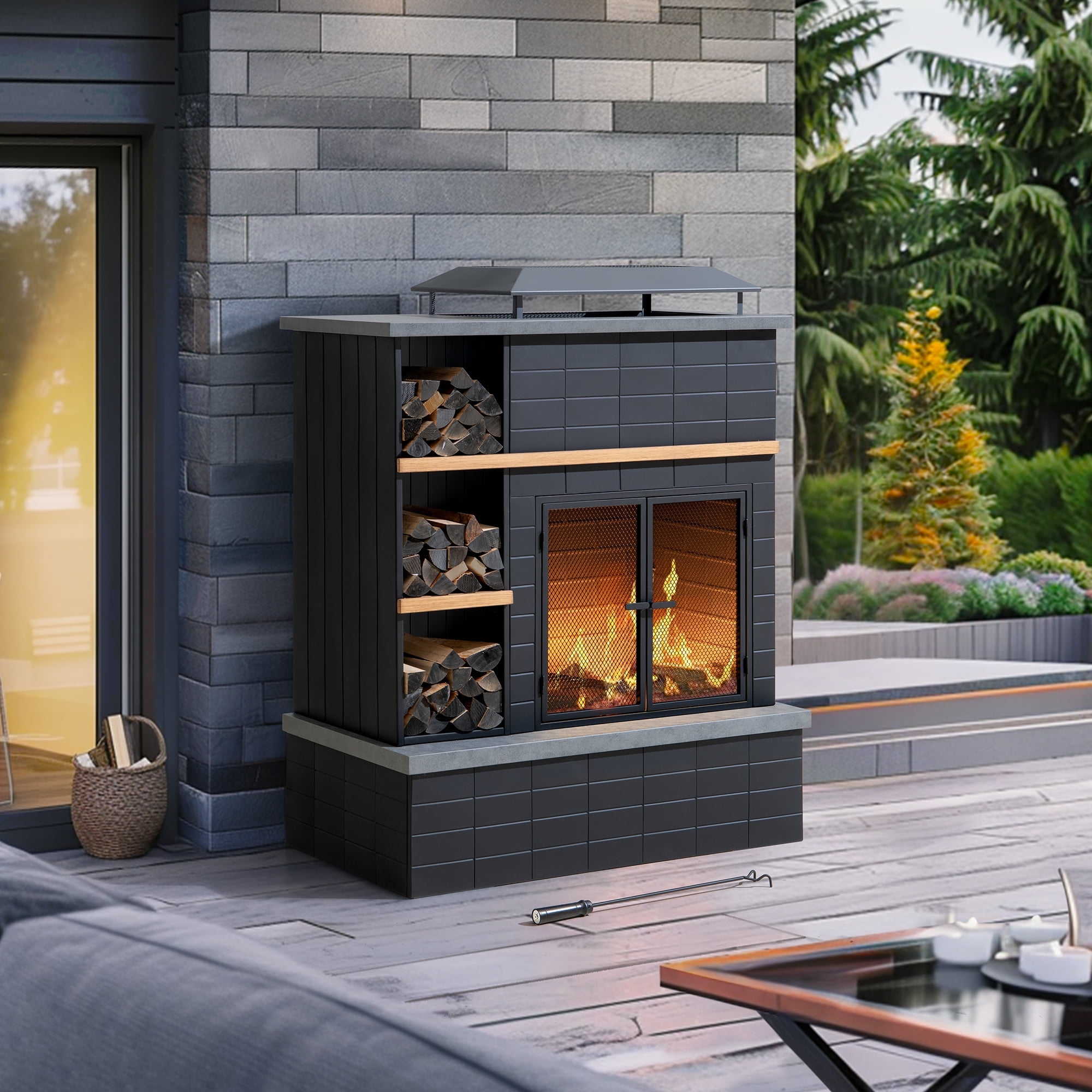 SUNJOY 42 in. Wood Burning Fireplace, Steel Outdoor Fireplace with Chimney, Log Holders, Fire Poker and PVC Cover