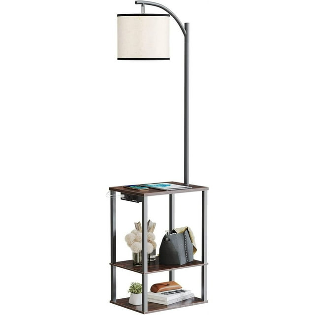 SUNMORY Floor Lamp with Table, Lamps for Living Room with USB Port, Attached End Table with Shelves, Brown
