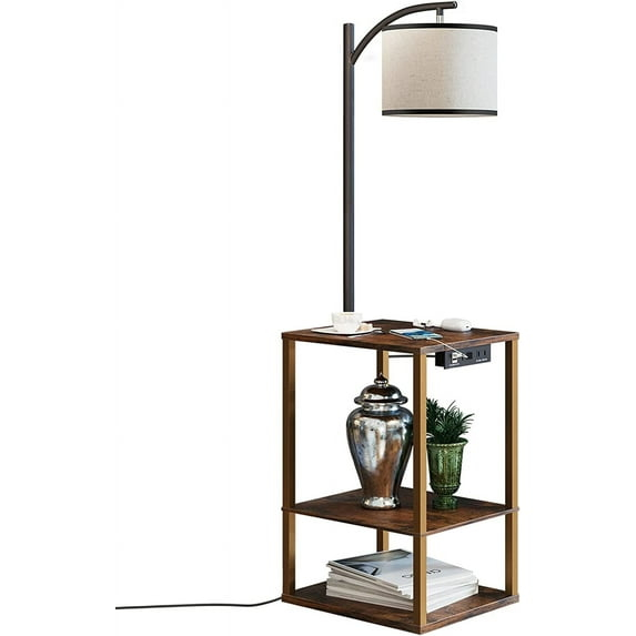 SUNMORY Floor Lamp with Table, Lamps for Living Room with USB Port, Attached End Table with Shelves, Brown