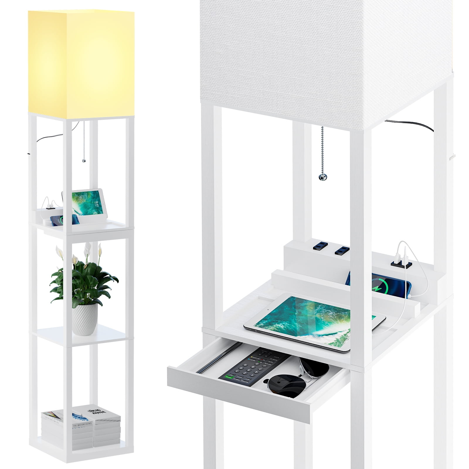 SUNMORY Floor Lamp with Shelves, Modern Dimmable Solid Wood Standing Lamp with 1 Drawer & 2 USB Ports & 2 Power Outlet, 3 Color Temperatures LED Bulb, Corner Tall Bookshelf Lamp for Living Room