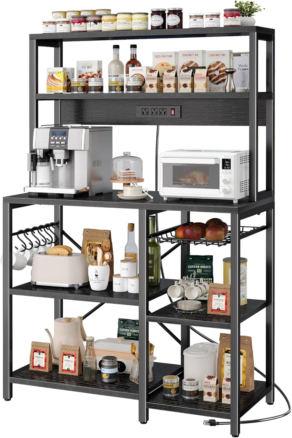 Bakers Rack with Power Outlet, 35.4 Inches Coffee Bar with Wire Basket, Kitchen Microwave Stand with 6 S-Shaped Hooks, Open Storage Shelves, Black