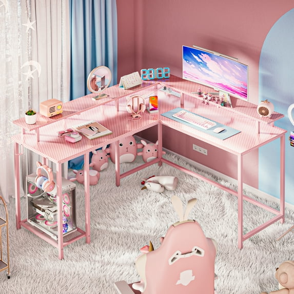 SUPERJARE L Shaped Desk with Outlets & USB Ports, Gaming Desk with LED Light Strip, Corner Computer Desk, L Office Desk, Monitor Stand, Hooks, and Storage Shelves, Pink