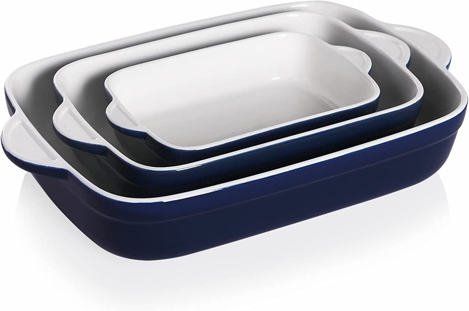 SWEEJAR Rectangular Ceramic Bakeware Set, Non-Stick Roasting Pan with Handles Baking Dishes,Casserole Pans for Cake Dinner, Set of 3 - Navy