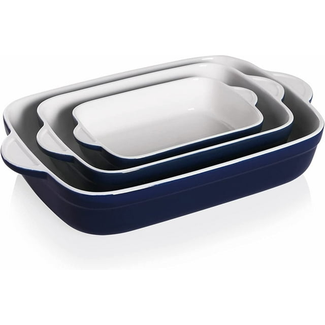 SWEEJAR Rectangular Ceramic Bakeware Set, Non-Stick Roasting Pan with Handles Baking Dishes,Casserole Pans for Cake Dinner, Set of 3 - Navy