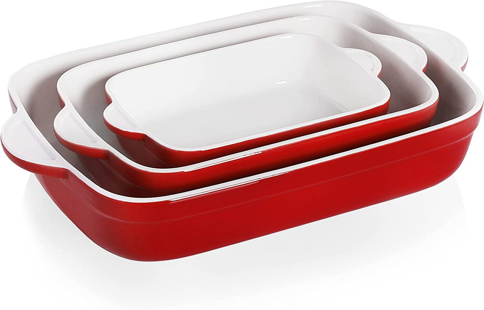 SWEEJAR Rectangular Ceramic Bakeware Set, Non-Stick Roasting Pan with Handles Baking Dishes,Casserole Pans for Cake Dinner, Set of 3 - Red
