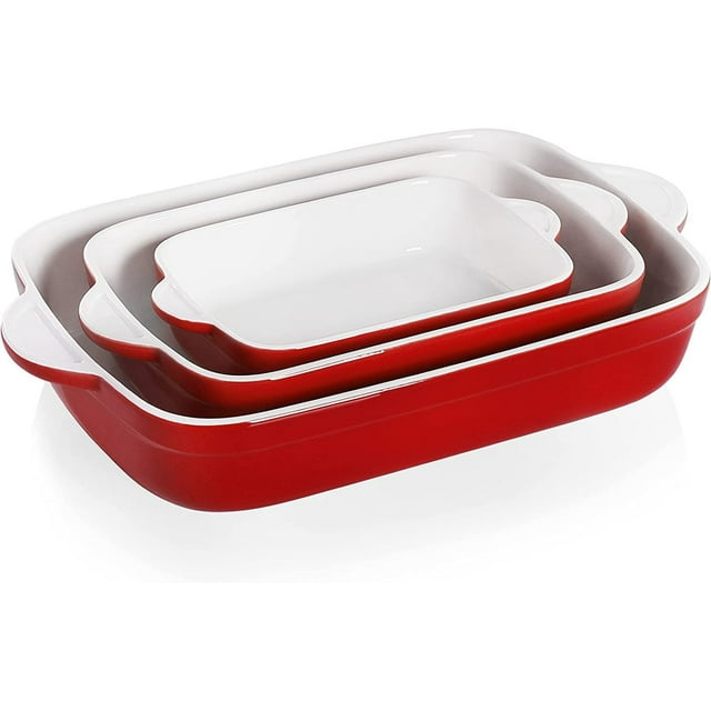SWEEJAR Rectangular Ceramic Bakeware Set, Non-Stick Roasting Pan with Handles Baking Dishes,Casserole Pans for Cake Dinner, Set of 3 - Red