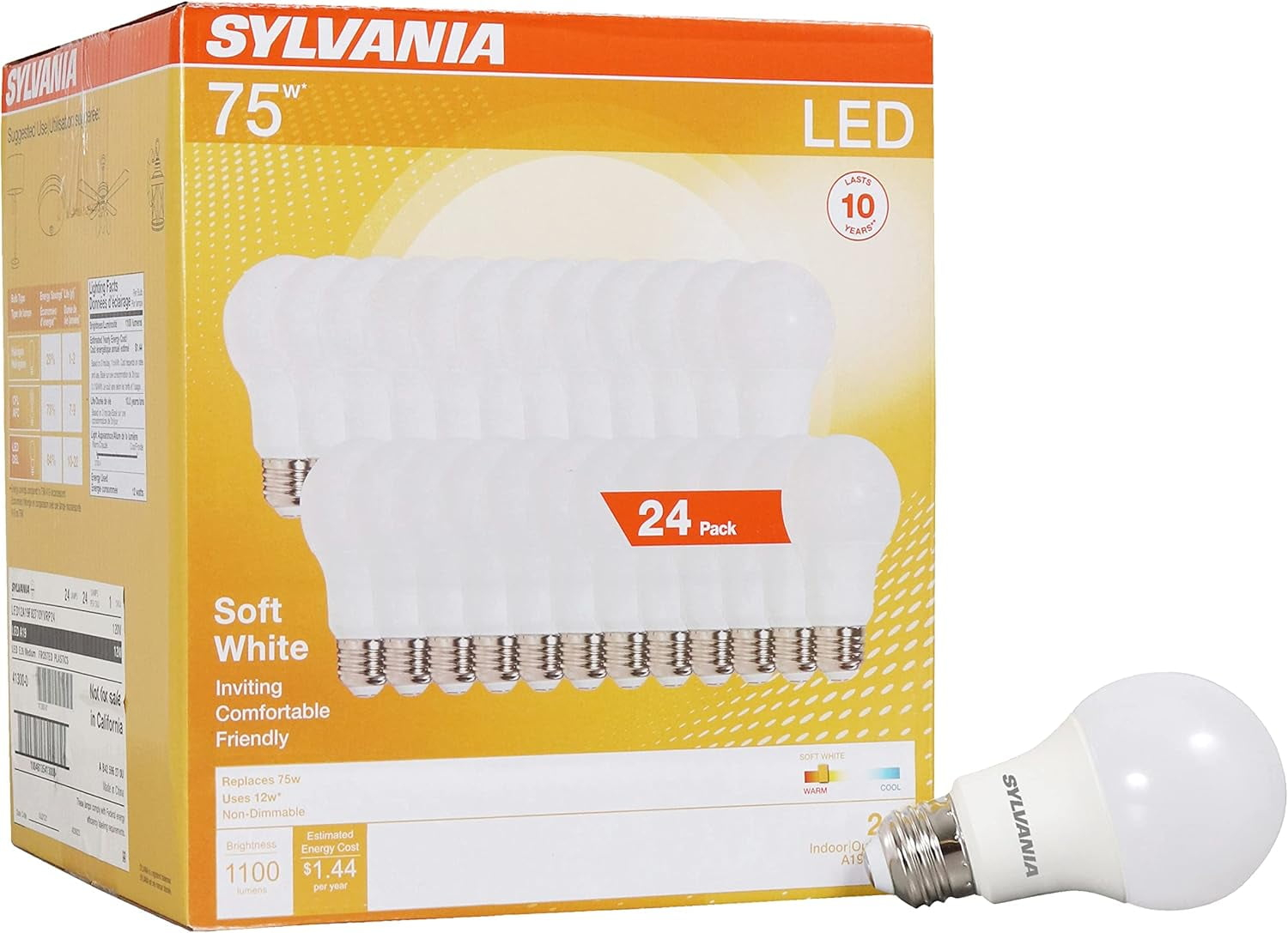 SYLVANIA LED A19 Light Bulb, 60W Equivalent, Efficient 8.5W, 10 Year, 2700K, 800 Lumens, Frosted, Soft White - 24 Pack (74765), Packaging may vary.