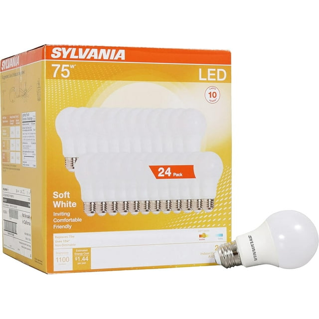 SYLVANIA LED A19 Light Bulb, 60W Equivalent, Efficient 8.5W, 10 Year, 2700K, 800 Lumens, Frosted, Soft White - 24 Pack (74765), Packaging may vary.