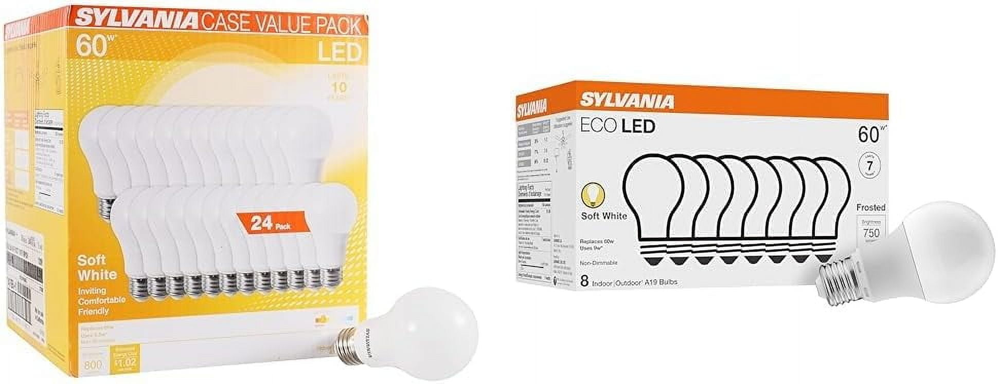 SYLVANIA LED A19 Light Bulb, 60W Equivalent, Efficient 8.5W, 10 Year, 2700K, 800 Lumens, Frosted, Soft White - 24 Pack (74765), Packaging may vary.