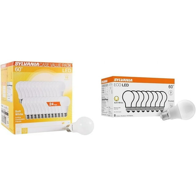 SYLVANIA LED A19 Light Bulb, 60W Equivalent, Efficient 8.5W, 10 Year, 2700K, 800 Lumens, Frosted, Soft White - 24 Pack (74765), Packaging may vary.