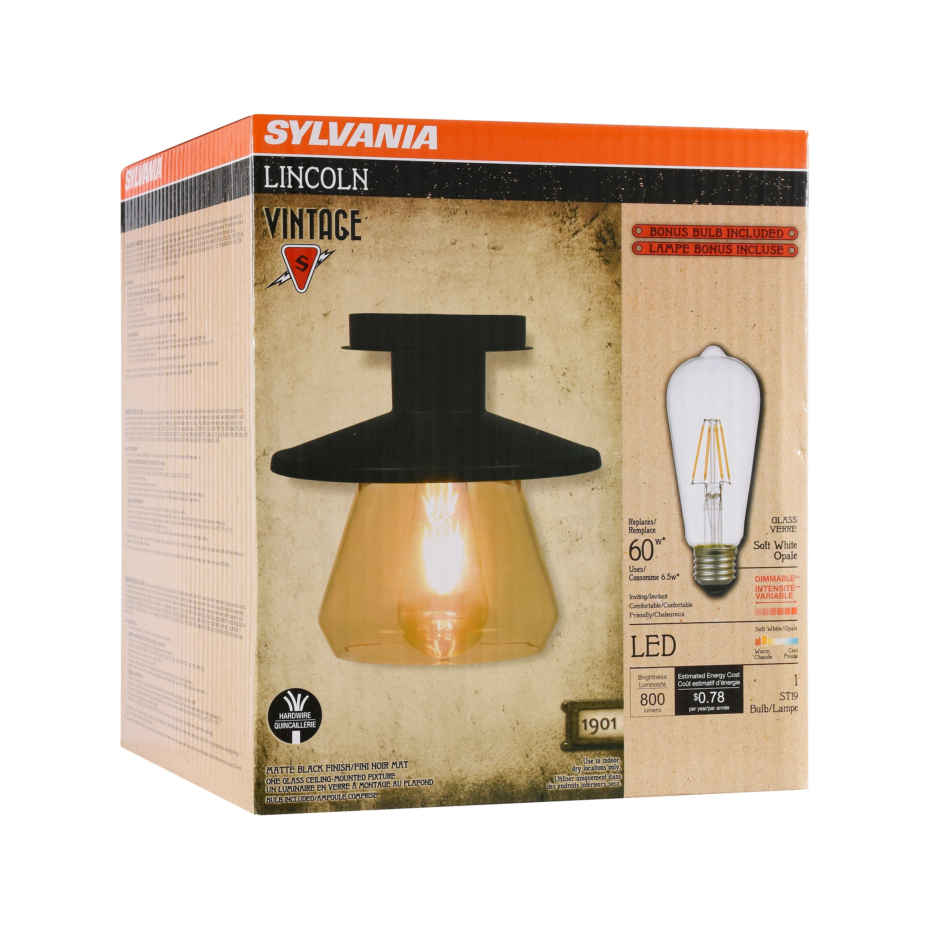 SYLVANIA Lincoln Vintage LED Fixture, Semi-Flush Mount with 1 Dimmable Light Bulb Included