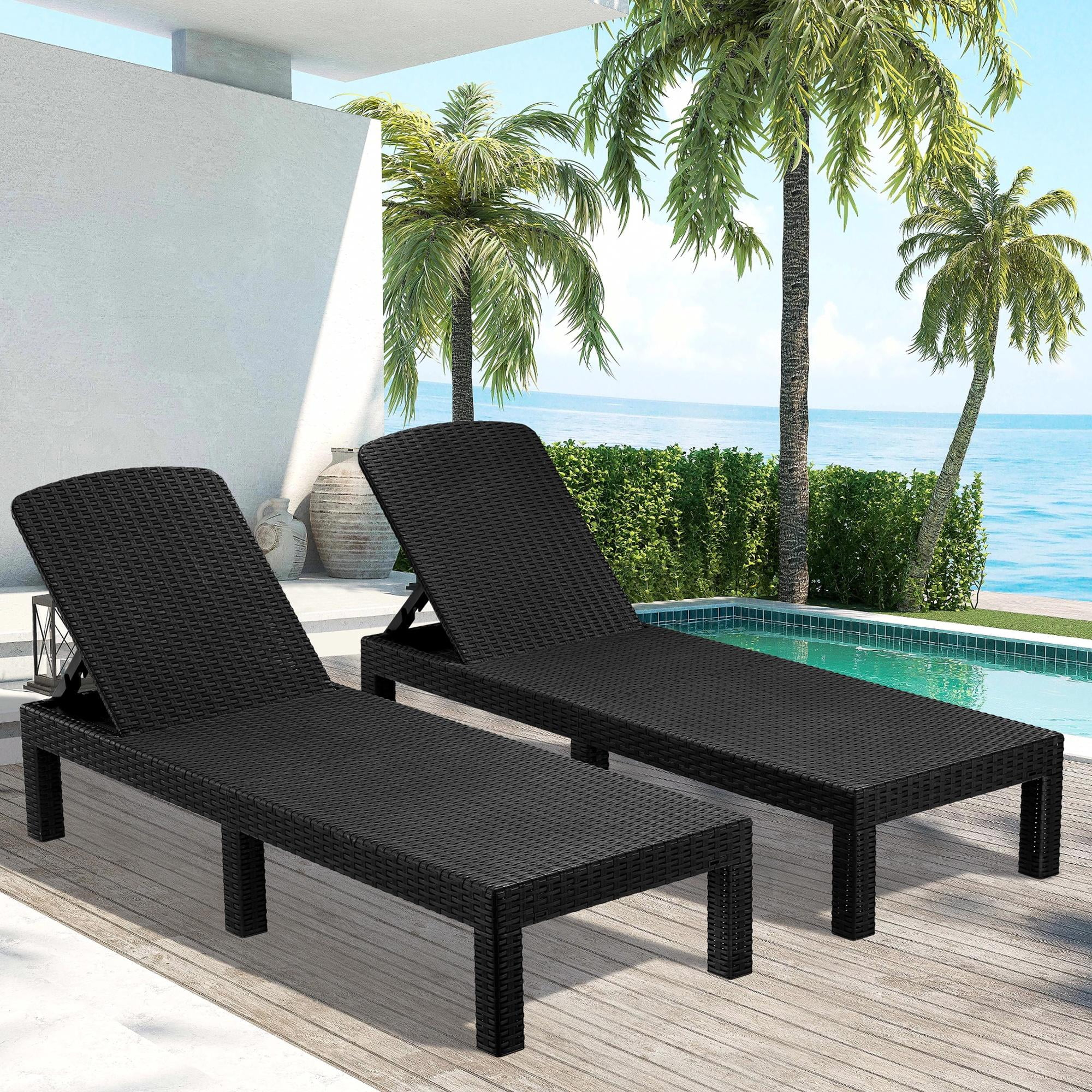 Devoko Outdoor Chaise Lounge Chair Set of 2 for Outside Pool Patio, Adjustable Waterproof Easy Assembly Chaise Lounge Outdoor (Black, Set of 2)