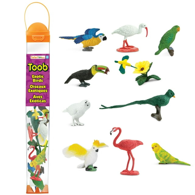 Safari Ltd. Exotic Birds TOOB - 10 Figurines: Parakeet, Quetzal, Macaw, Hummingbird, Toucan, Cockatoo, Flamingo, Snowy Owl, Parrot - Educational Toy Figures For Boys, Girls & Kids Ages 3+