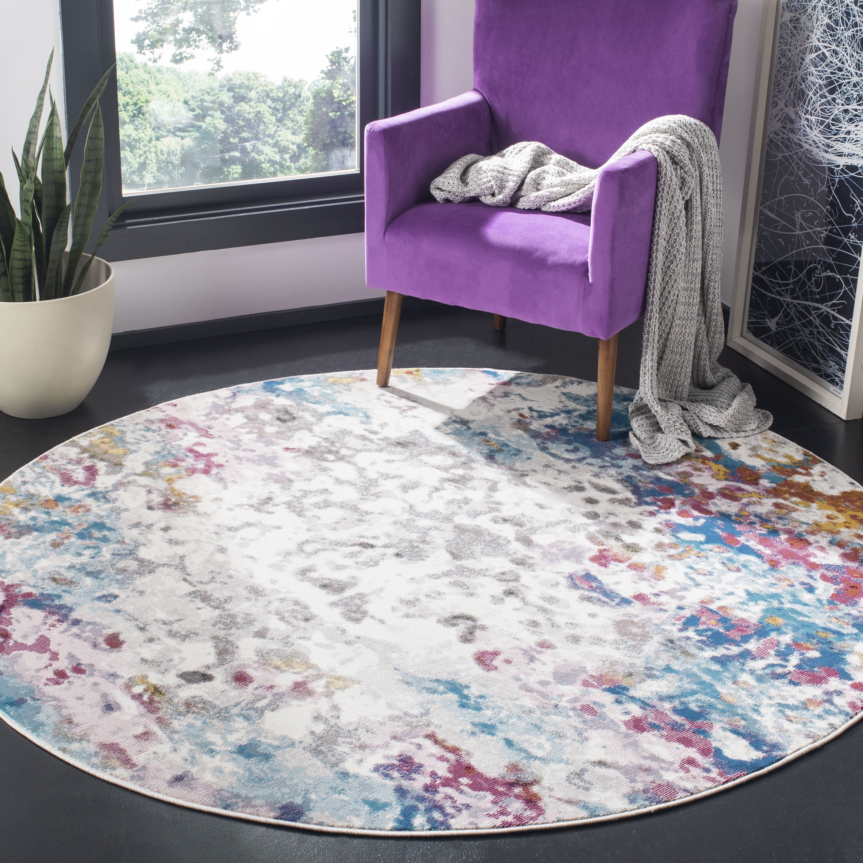 Aria ARA166 Power Loomed Area Rug - Cream/Dark Teal - 6'5" Round - Safavieh.