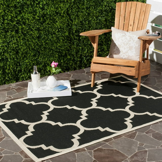 Courtyard CY6243 Power Loomed Indoor and Outdoor Area Rug - Black/Beige - 5'3"x5'3" - Safavieh