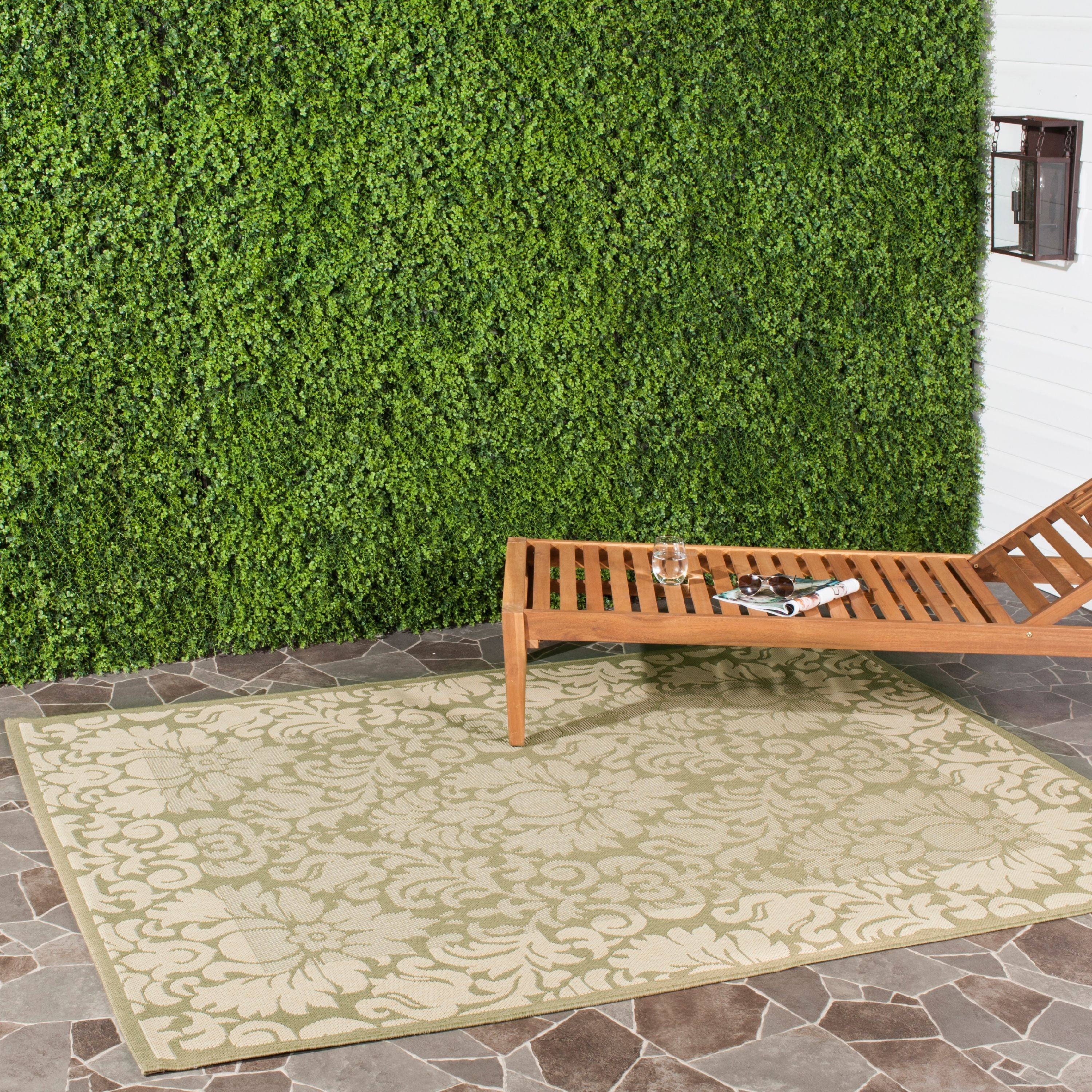 SAFAVIEH Courtyard Dani Damask Bordered Indoor/Outdoor Area Rug, 6'7" x 6'7" Square, Olive/Natural