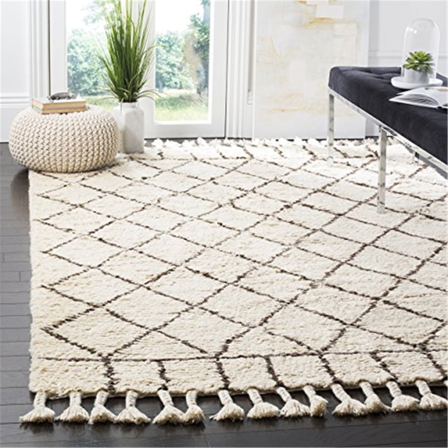 Aderonke Hand Tufted Wool/Cotton Geometric Rug in Ivory/Brown