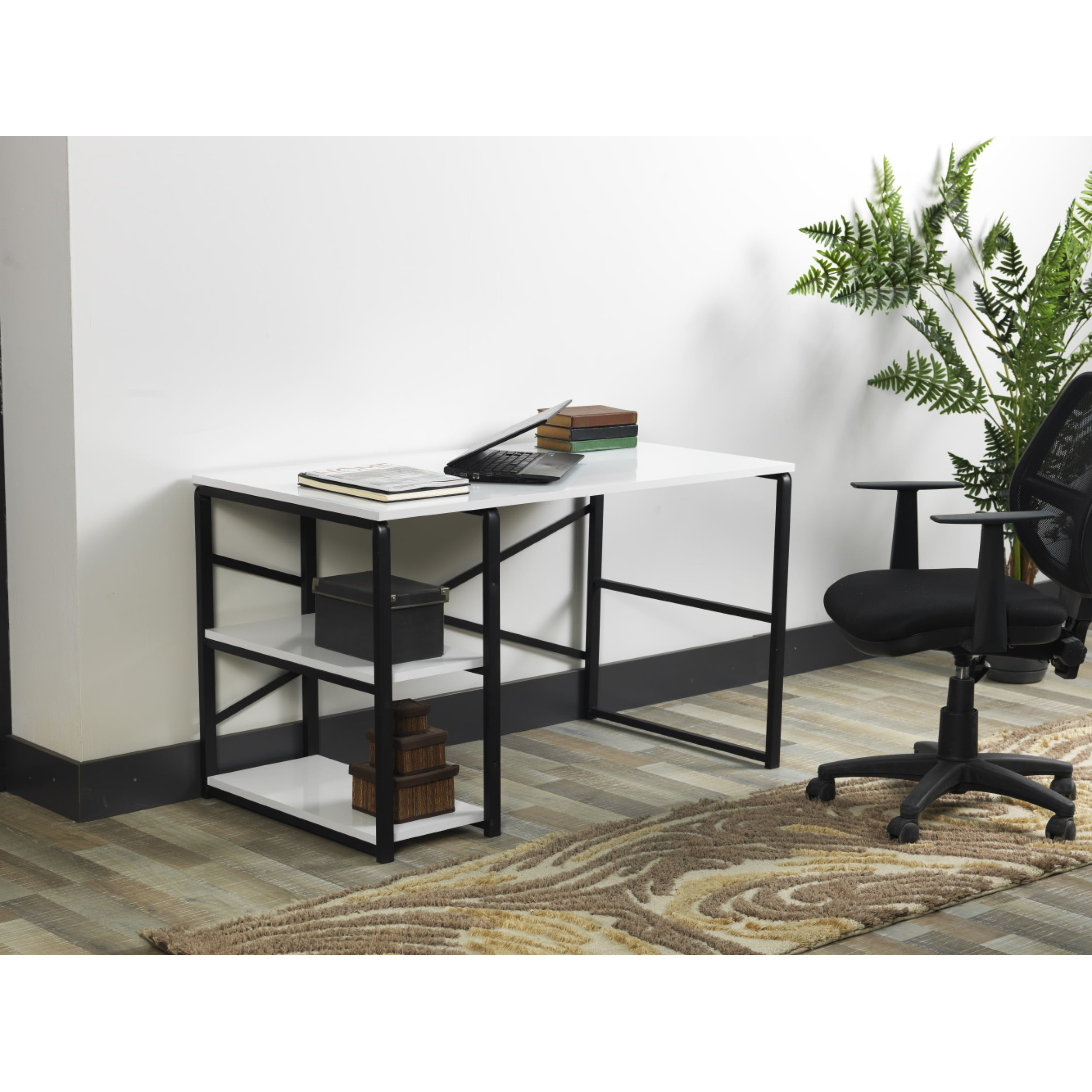 Sage Black Metal Frame 47" Wooden Top 2 Shelves Writing and Computer Desk for Home Office, White