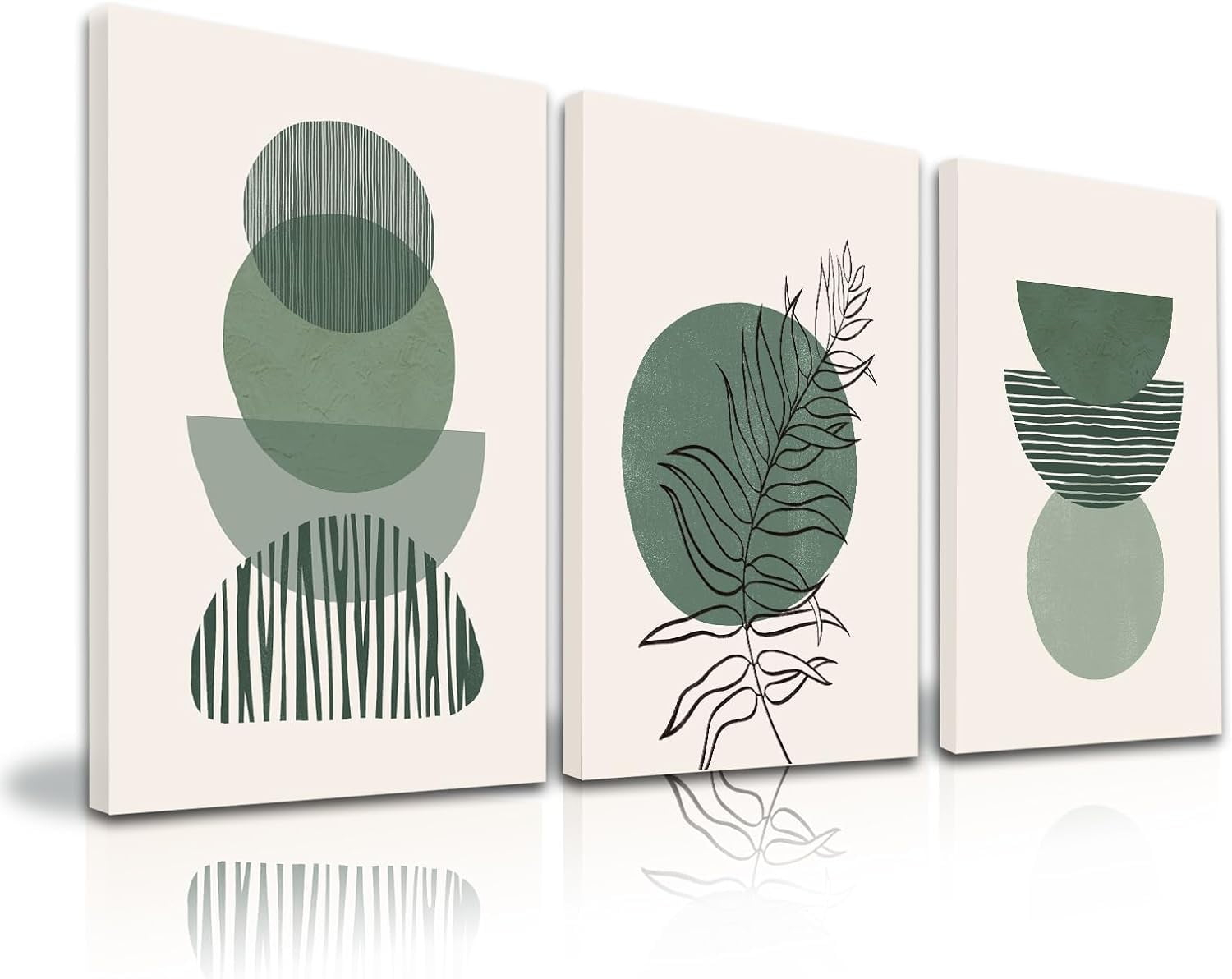 Boho Wall Art, Mid Century Modern Wall Art, Set of 3 Framed Canvas Wall Art Prints 12"x16" Abstract Geometric Neutral Sage Green Boho Artwork Wall Decor for Bedroom Living Room Bathroom