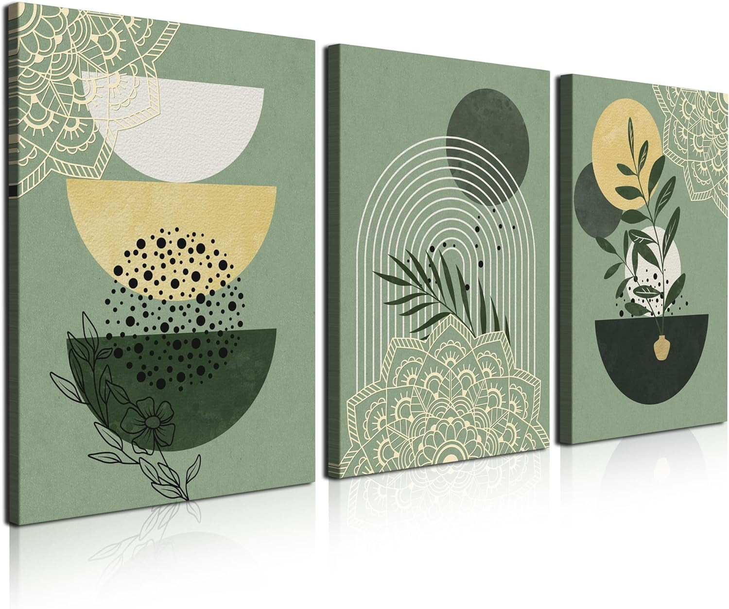 Boho Wall Art, Mid Century Modern Wall Art, Set of 3 Framed Canvas Wall Art Prints 12"x16" Abstract Geometric Neutral Sage Green Boho Artwork Wall Decor for Bedroom Living Room Bathroom