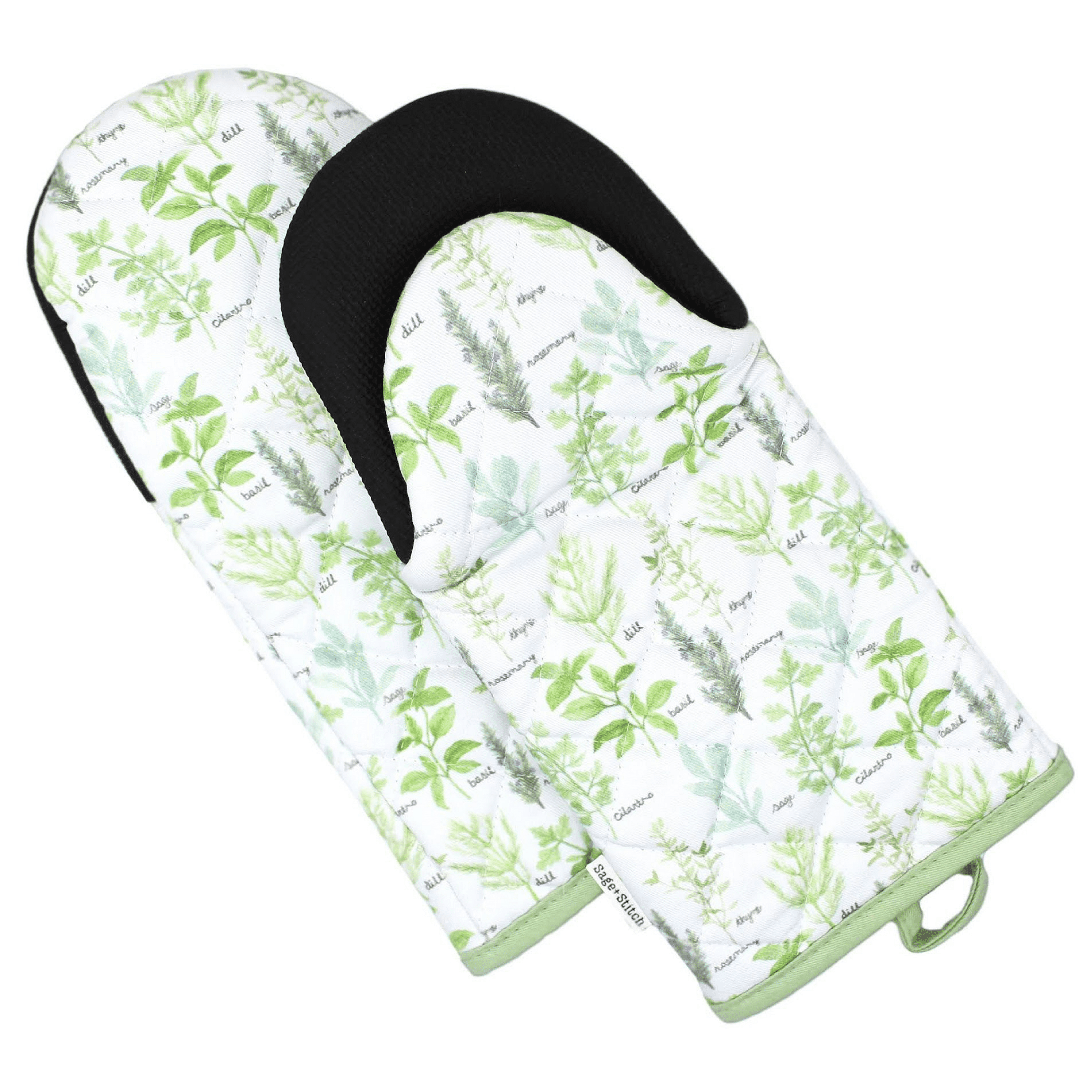 Sage+Stitch Kitchen Oven Mitts with Neoprene Non-Slip Grips and Hanging Loops | Set of 2 100% Cotton Long Sleeve Hot Pots | 5.5" x 12" | Green Herbs