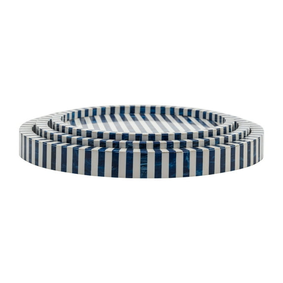 Sagebrook Home Resin, Set Of 3 12/14/16" Round Trays Blue, Round, 2.5"H, Striped - 16.0" x 16.0" x 2.5"