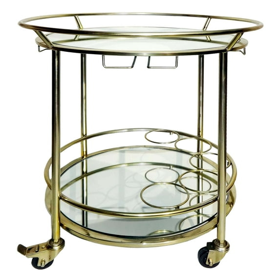 Sagebrook Home 27" Stainless Steel and Glass 2 Tier Round Rolling Bar Cart