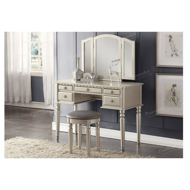 Saltoro Sherpi 3 Piece Adult Elegant Functional 5 Drawers and Stool Table Set Silver