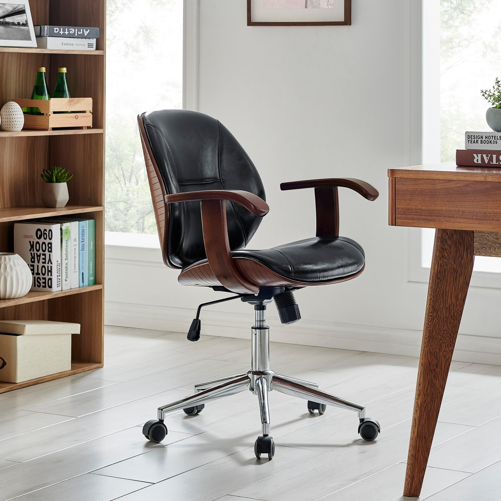 New Pacific Direct Samuel 21" PU Leather Bamboo Office Chair w/ Armrest in Black