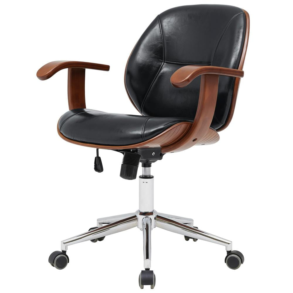 New Pacific Direct Samuel 21" PU Leather Bamboo Office Chair w/ Armrest in Black