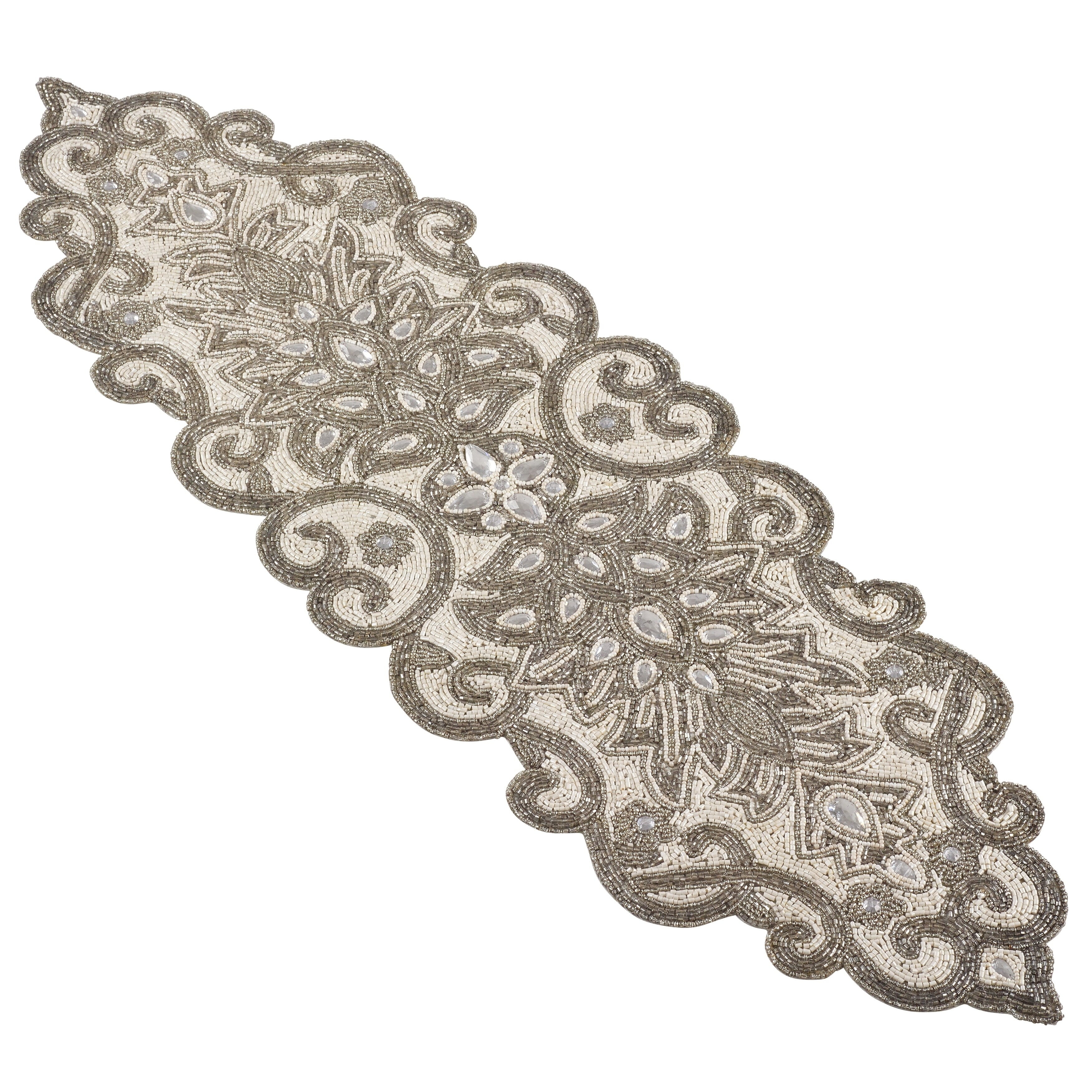 Saro Lifestyle Beaded Jeweled Scroll Motif Elegant Glam Design Table Runner, Silver, 12" x 38"
