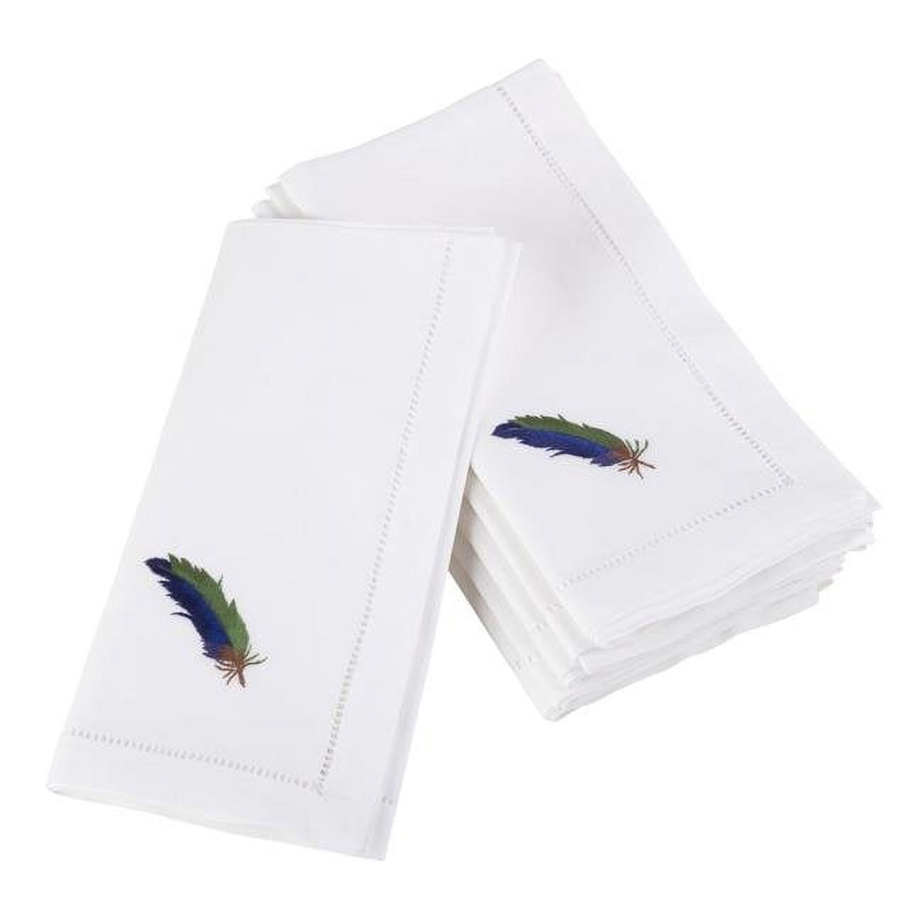 Saro Lifestyle Embroidered Blue Feather Design Hemstitched Trim Border Cotton Napkin (Set of 6), 20"x20", White
