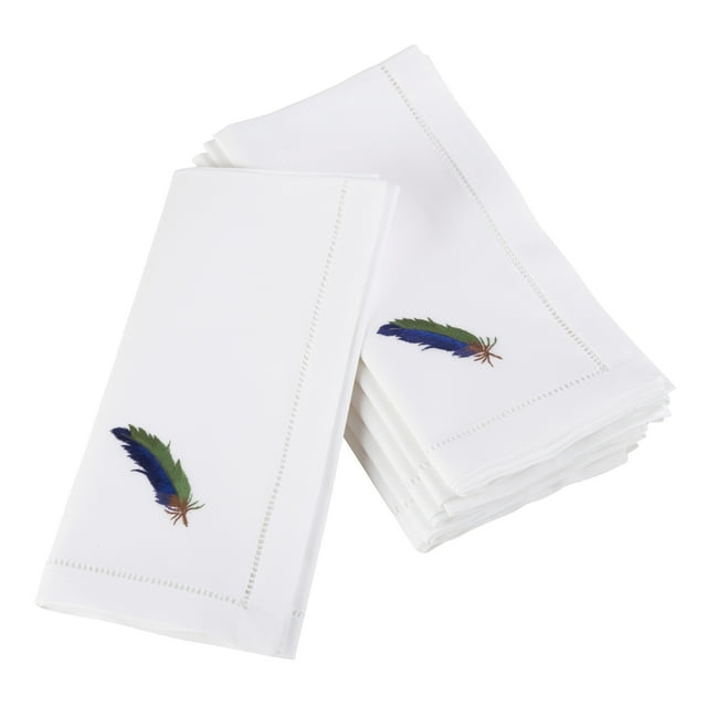 Saro Lifestyle Embroidered Blue Feather Design Hemstitched Trim Border Cotton Napkin (Set of 6), 20"x20", White