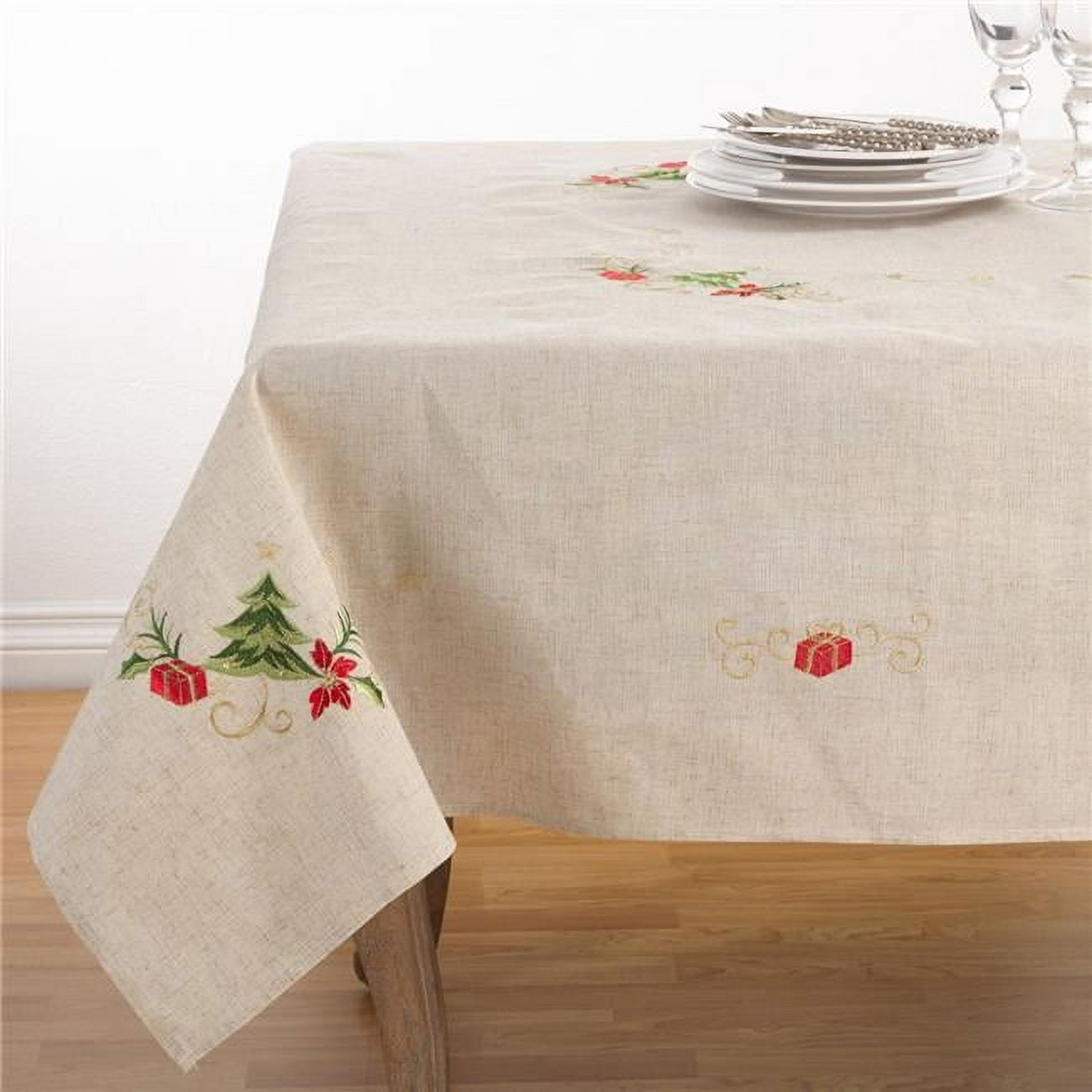 Saro Lifestyle Embroidered Christmas Tree Design Holiday Linen Blend Tablecloth, 67"x67", Beige