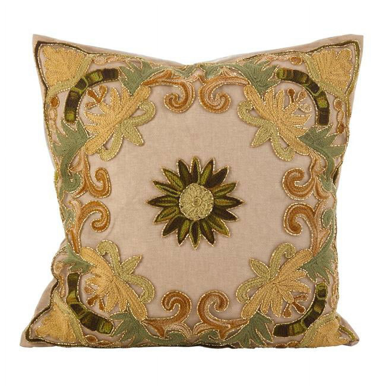 Saro Lifestyle Embroidered Floral Design Beaded Cotton Poly Filled Throw Pillow, Green, 18" x 18"